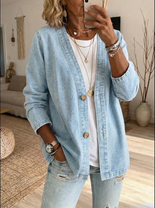 Women's Classic Button Front Denim Jacket – V-Neck, Breathable Fabric & Relaxed Fit