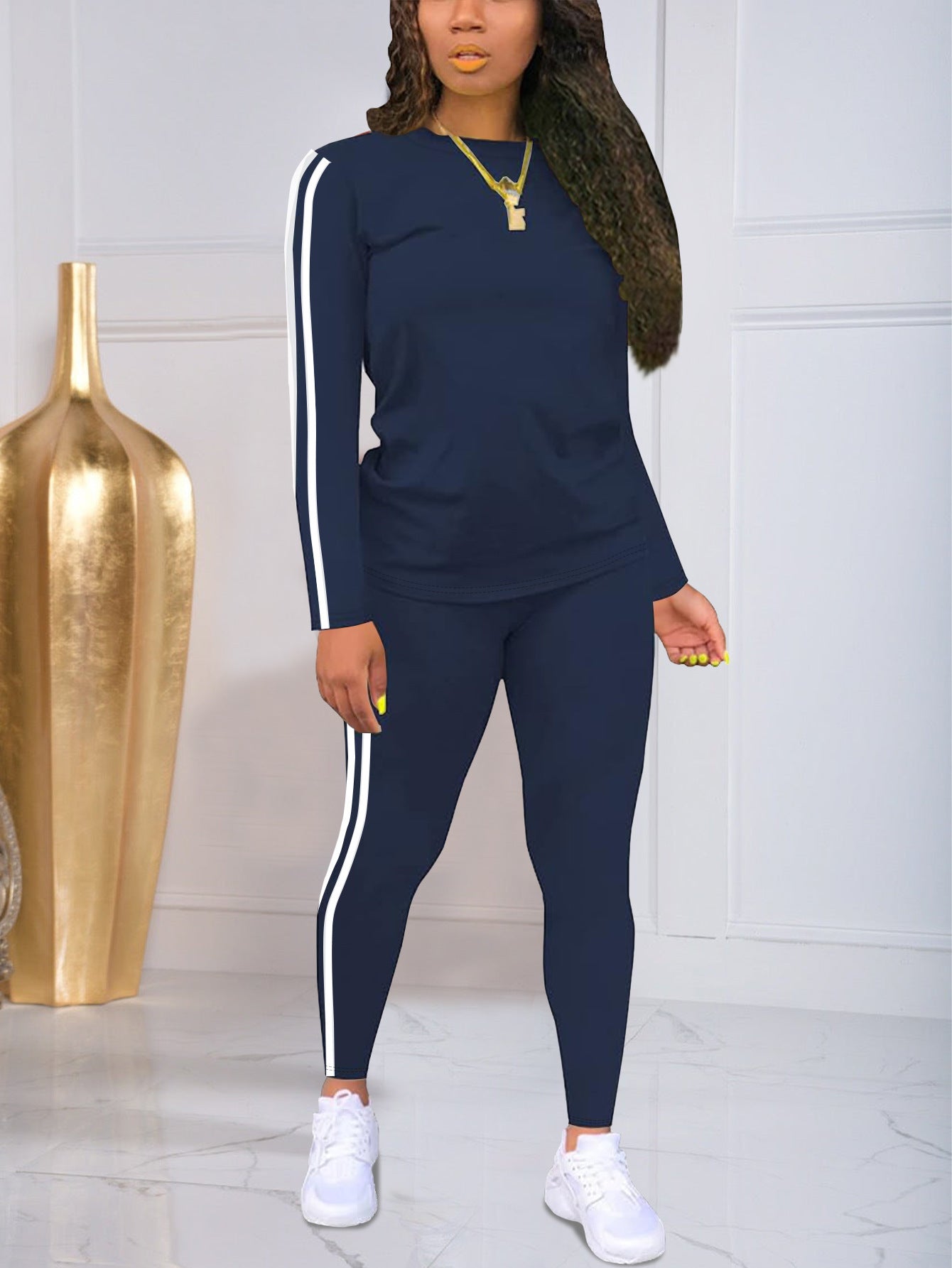 Women's Striped Print Long Sleeve Top & Pants Two-piece Set