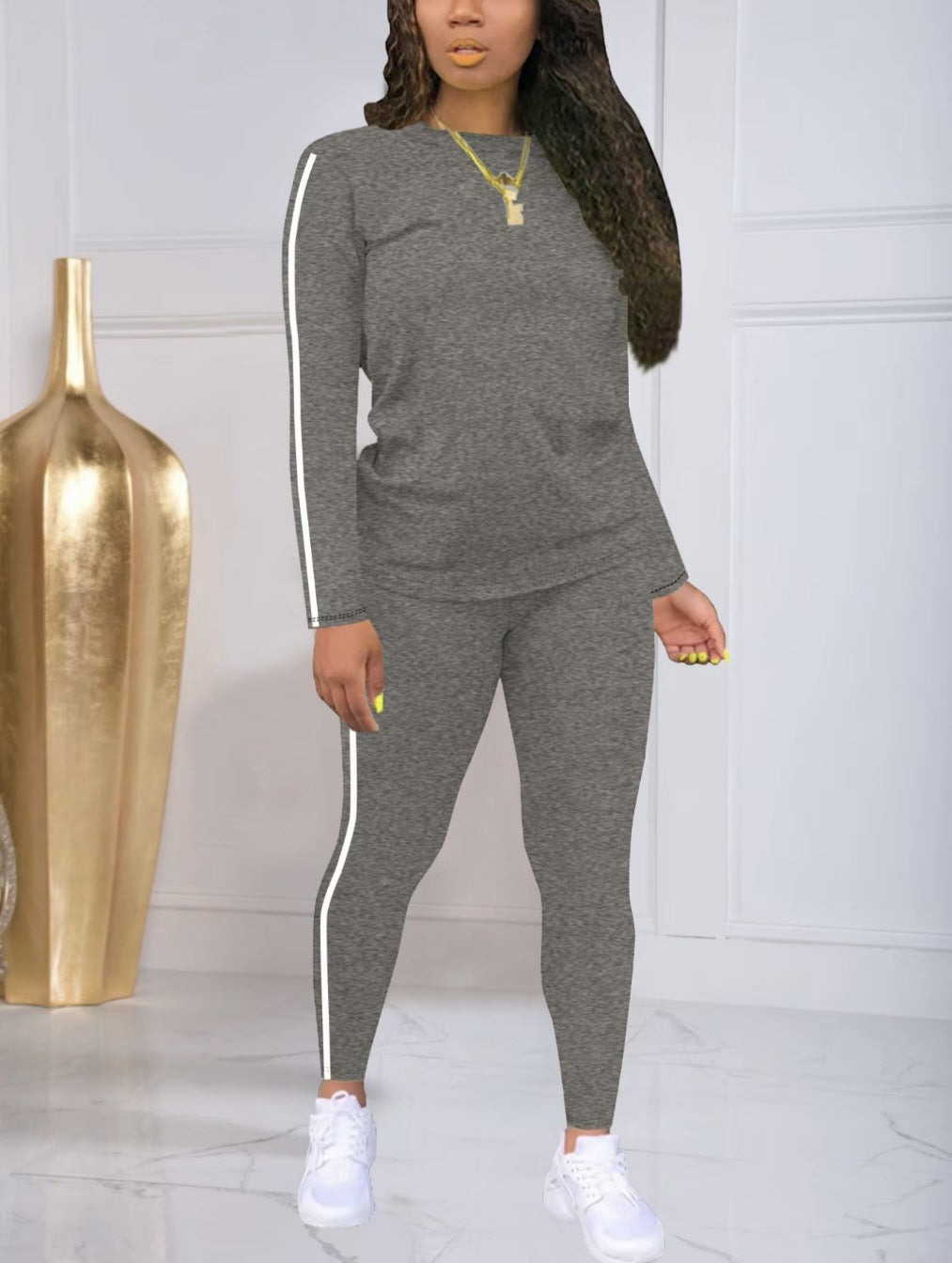 Women's Striped Print Long Sleeve Top & Pants Two-piece Set