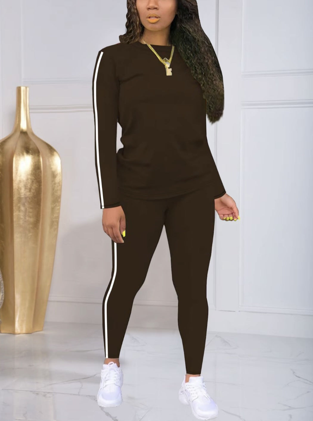 Women's Striped Print Long Sleeve Top & Pants Two-piece Set