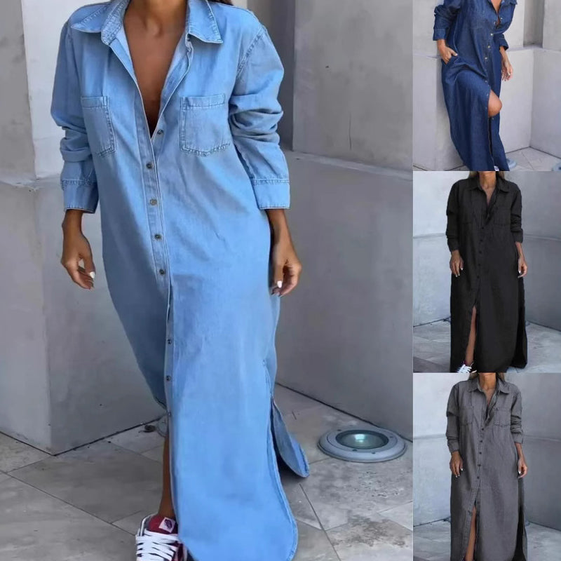 🎉 👖 Women's Denim Maxi Skirt: Button Placket + Side Slit Design—Wear as a Dress or Outerwear