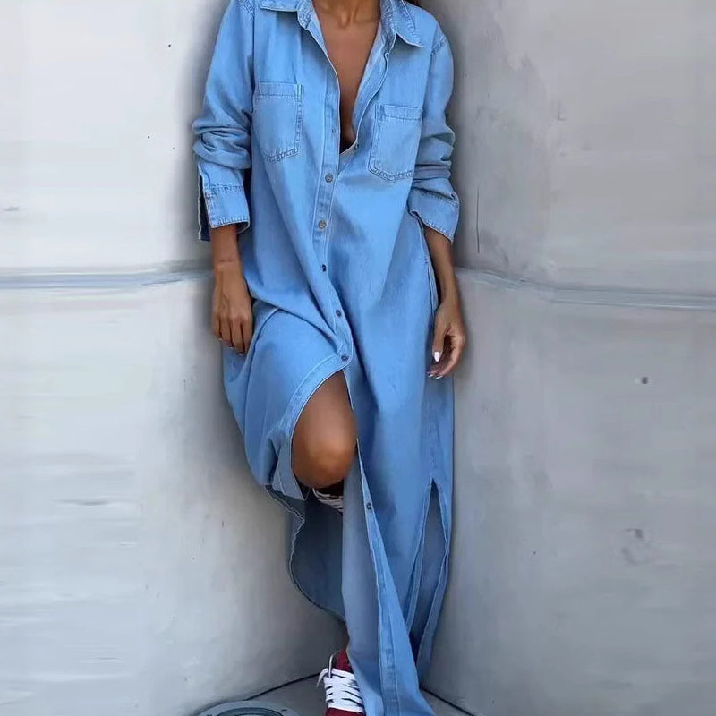 🎉 👖 Women's Denim Maxi Skirt: Button Placket + Side Slit Design—Wear as a Dress or Outerwear