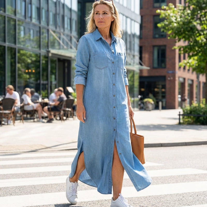 🎉 👖 Women's Denim Maxi Skirt: Button Placket + Side Slit Design—Wear as a Dress or Outerwear