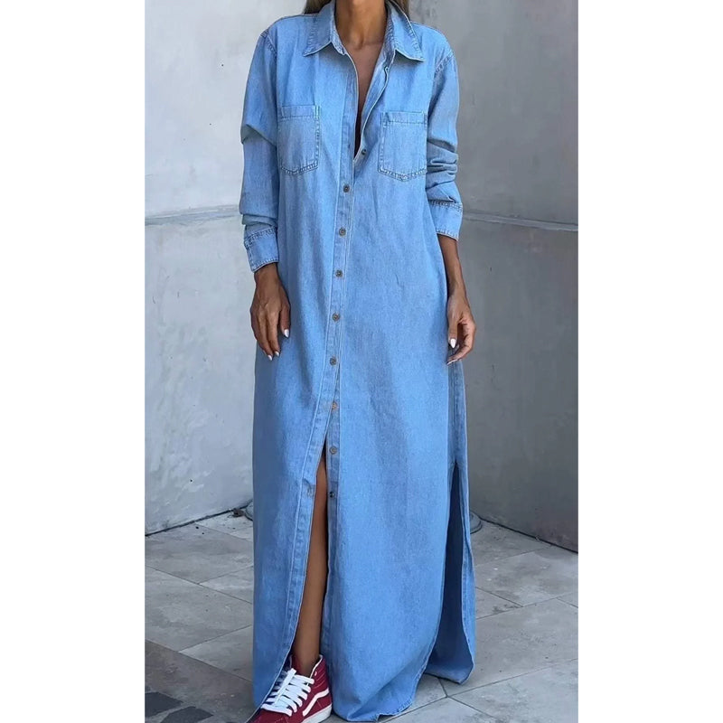 🎉 👖 Women's Denim Maxi Skirt: Button Placket + Side Slit Design—Wear as a Dress or Outerwear