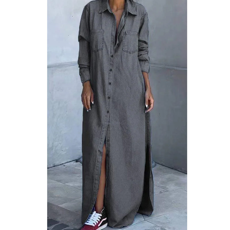 🎉 👖 Women's Denim Maxi Skirt: Button Placket + Side Slit Design—Wear as a Dress or Outerwear
