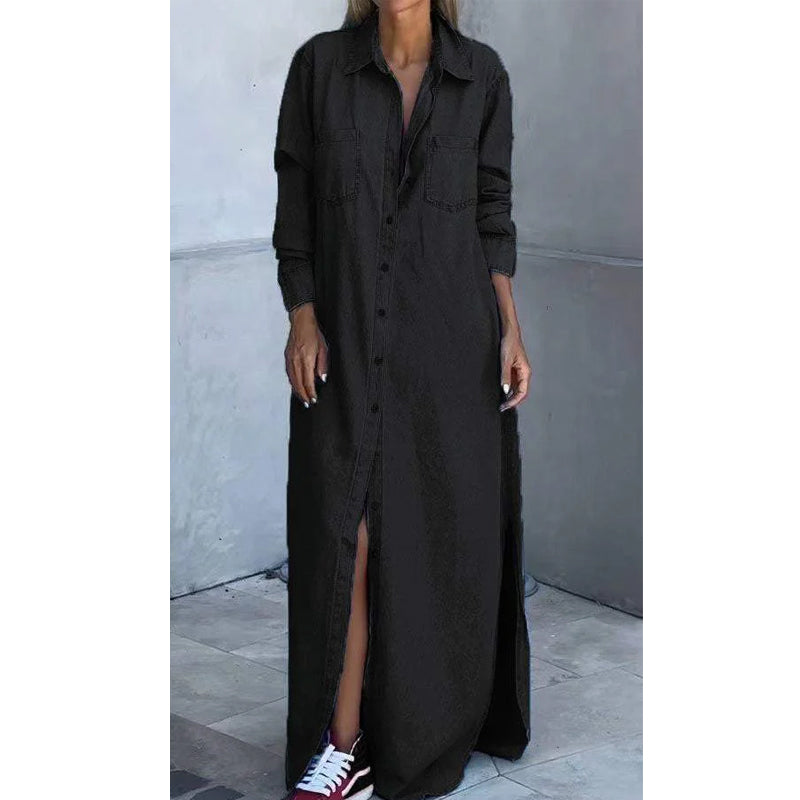 🎉 👖 Women's Denim Maxi Skirt: Button Placket + Side Slit Design—Wear as a Dress or Outerwear