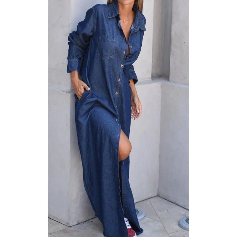 🎉 👖 Women's Denim Maxi Skirt: Button Placket + Side Slit Design—Wear as a Dress or Outerwear